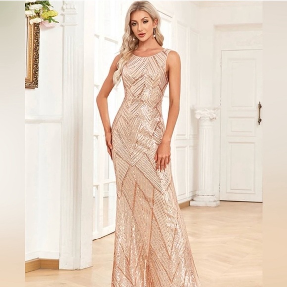 Luxedo Champagne/Rose Gold Dazzling Brilliance Sequin Maxi Dress. - Picture 1 of 11